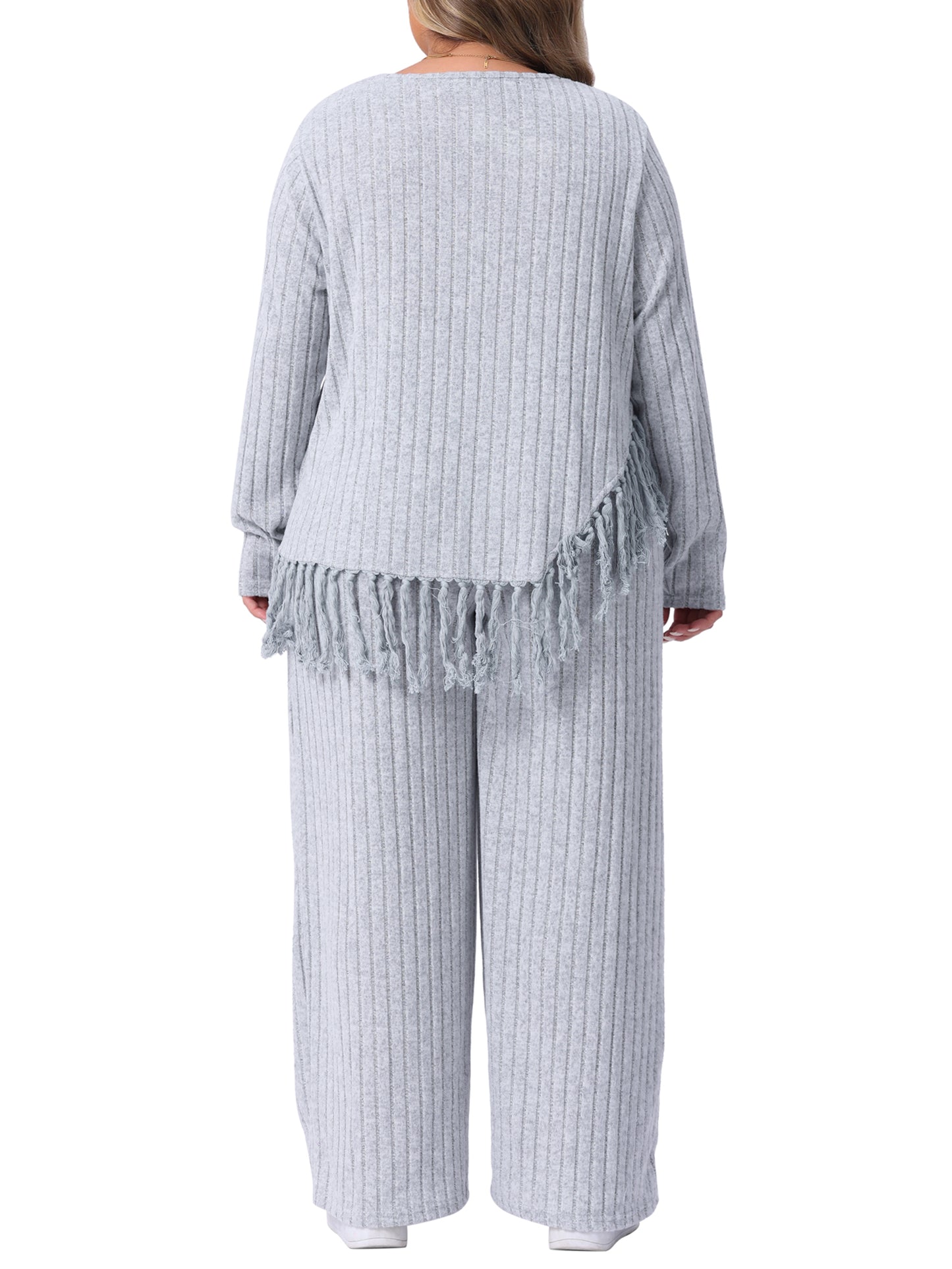 Women Plus Size 2 Piece Lounge Set Crew Neck Long Sleeve Asymmetrical Fringe Hem Casual Outfit