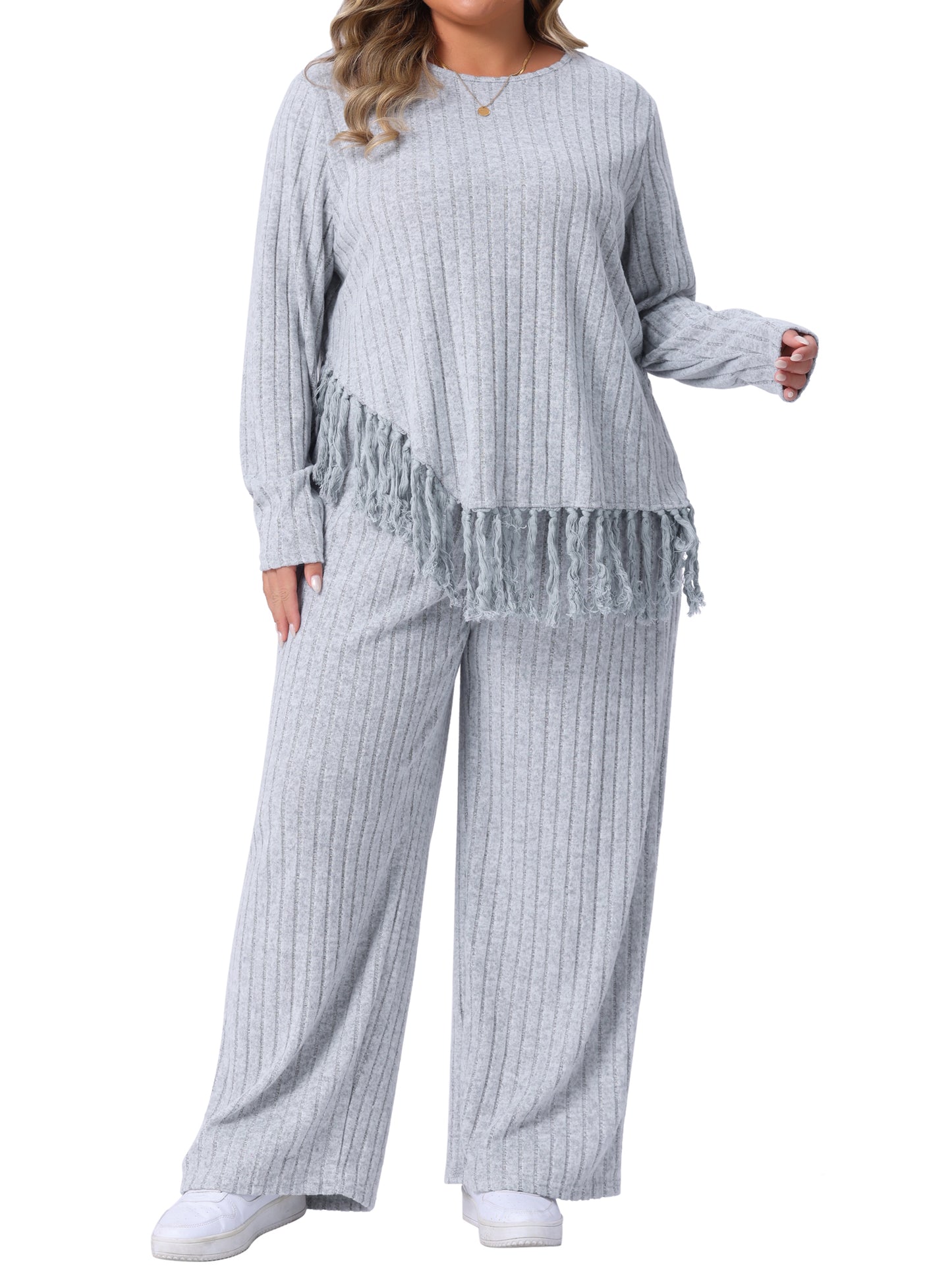 Women Plus Size 2 Piece Lounge Set Crew Neck Long Sleeve Asymmetrical Fringe Hem Casual Outfit