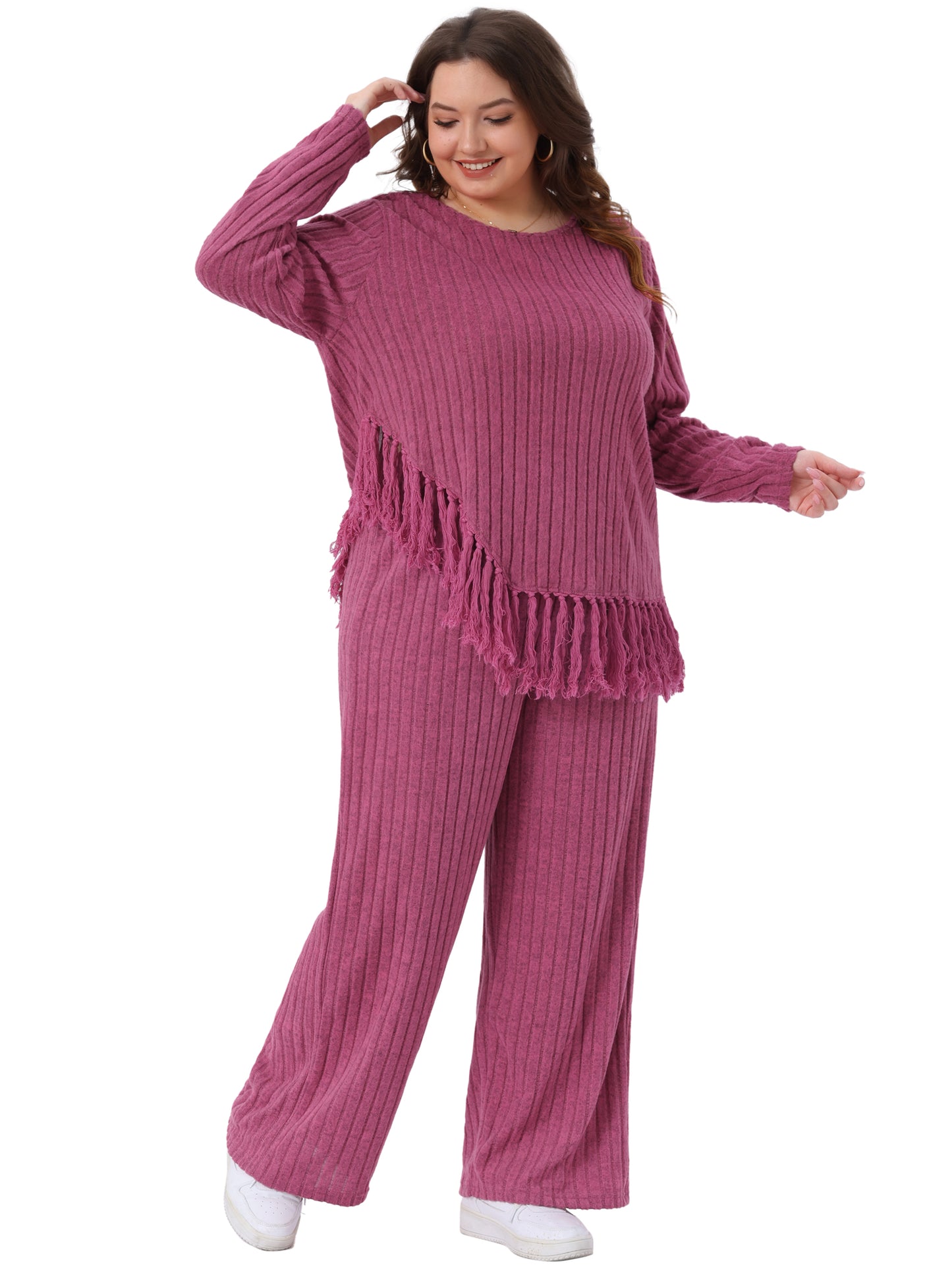 Women Plus Size 2 Piece Lounge Set Crew Neck Long Sleeve Asymmetrical Fringe Hem Casual Outfit