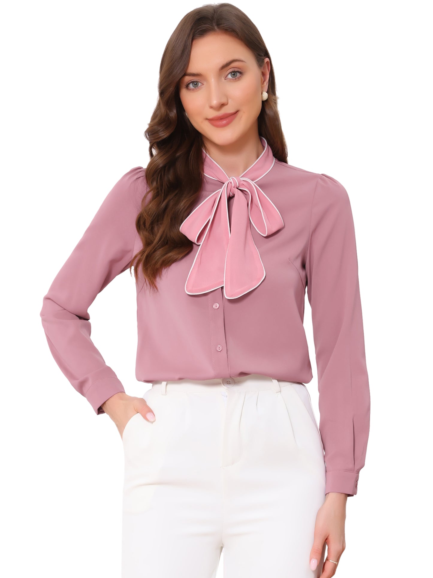Women's Long Sleeve Bow Tie Button Down Business Casual Blouse Shirt (Available in Plus Size)