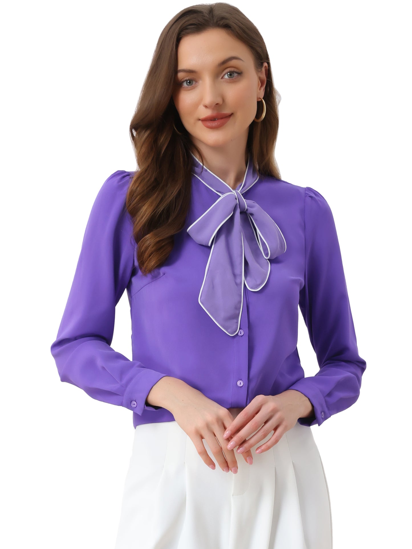 Women's Long Sleeve Bow Tie Button Down Business Casual Blouse Shirt (Available in Plus Size)