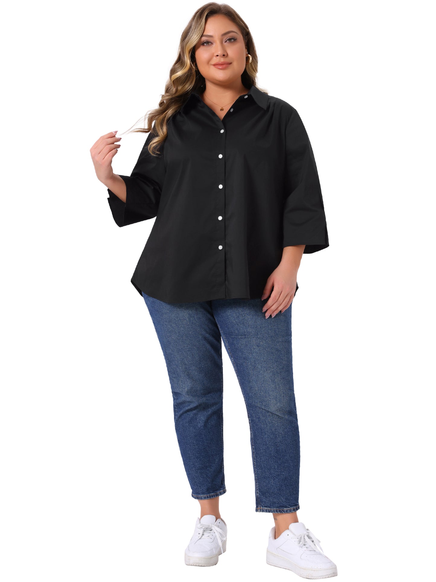 Women Plus Size Shirts Button Down Collar Pleated 3/4 Sleeve Casual Top