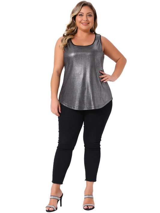 Womens Plus Size Metallic Tank Tops Sleeveless Square Neck Sparkly Club Partywear