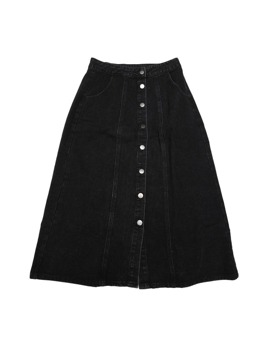 Women's Button Down Front Slit High Waisted Pockets A Line Midi Denim Skirt