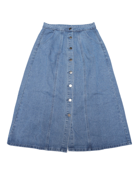 Women's Button Down Front Slit High Waisted Pockets A Line Midi Denim Skirt