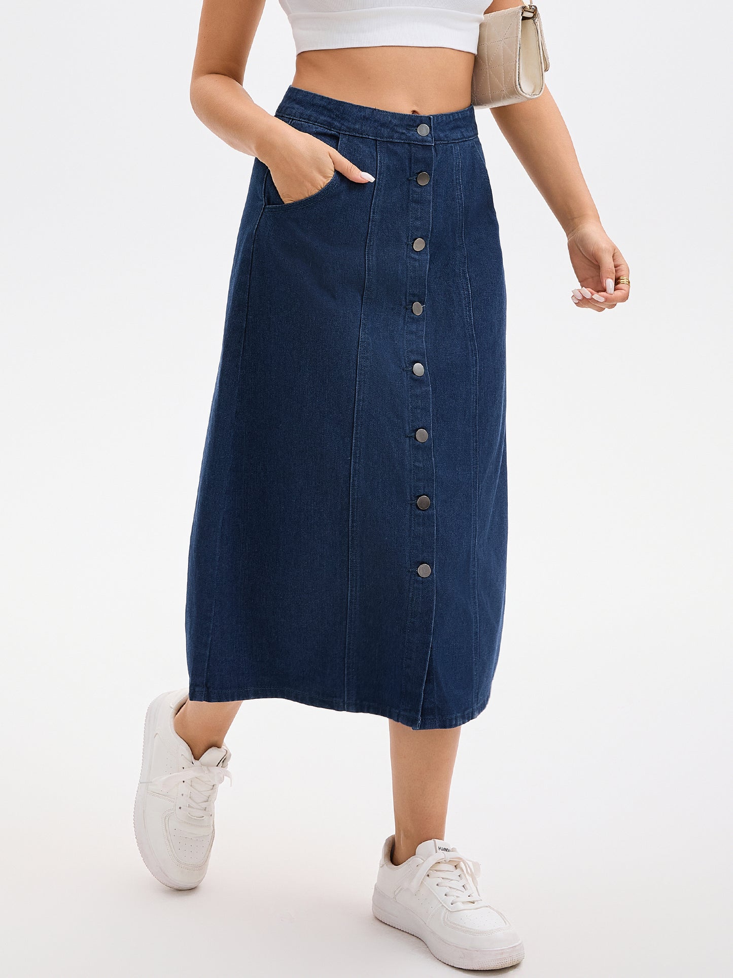 Women's Button Down Front Slit High Waisted Pockets A Line Midi Denim Skirt