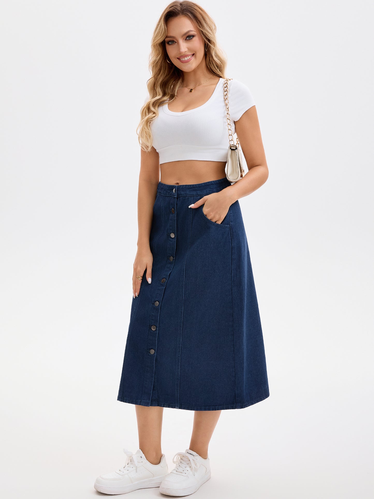 Women's Button Down Front Slit High Waisted Pockets A Line Midi Denim Skirt