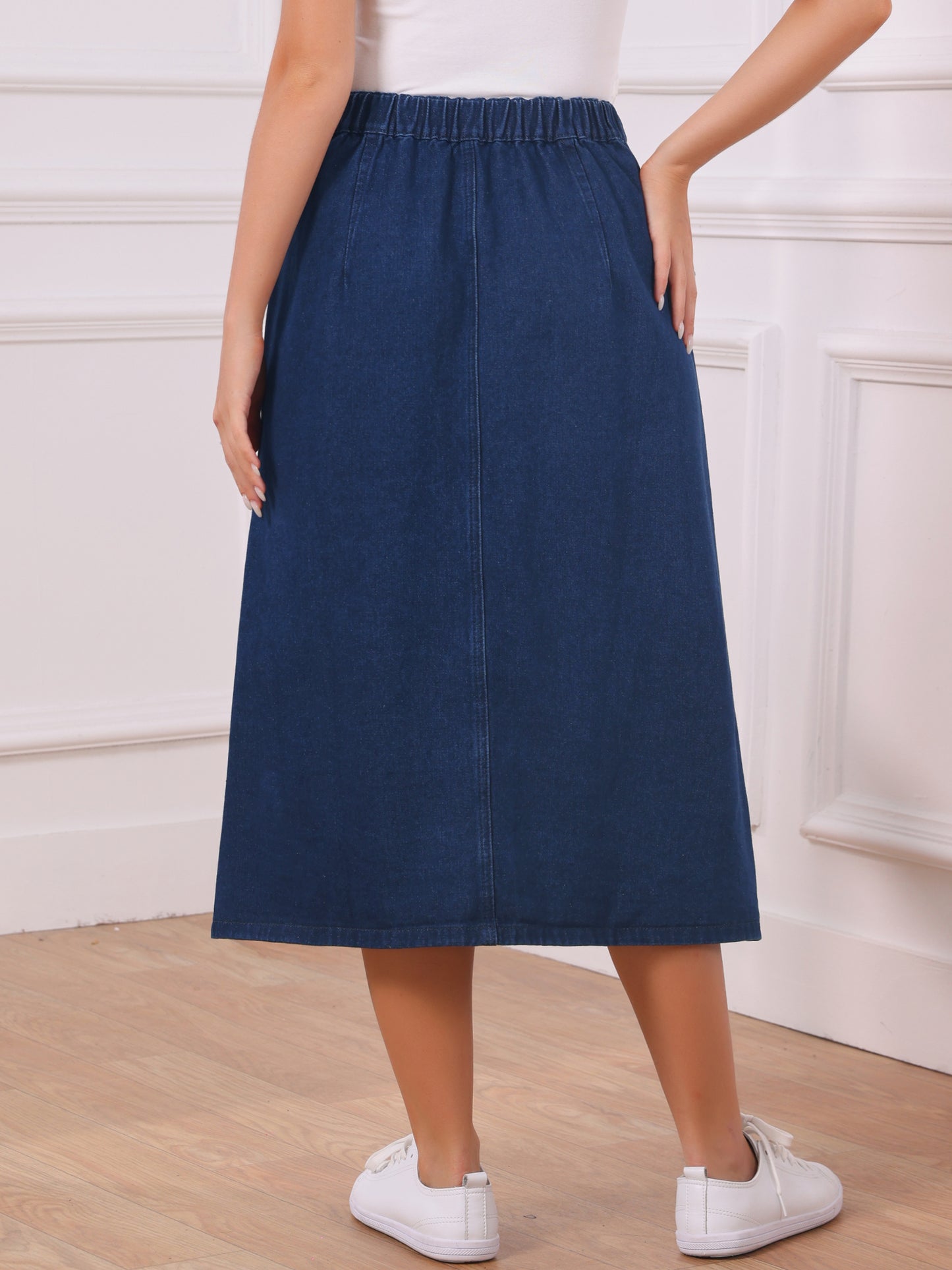 Women's Button Down Front Slit High Waisted Pockets A Line Midi Denim Skirt