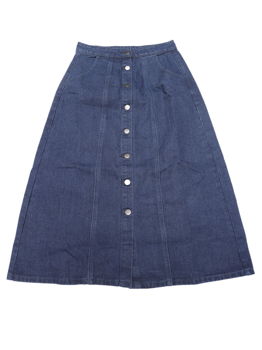 Women's Button Down Front Slit High Waisted Pockets A Line Midi Denim Skirt