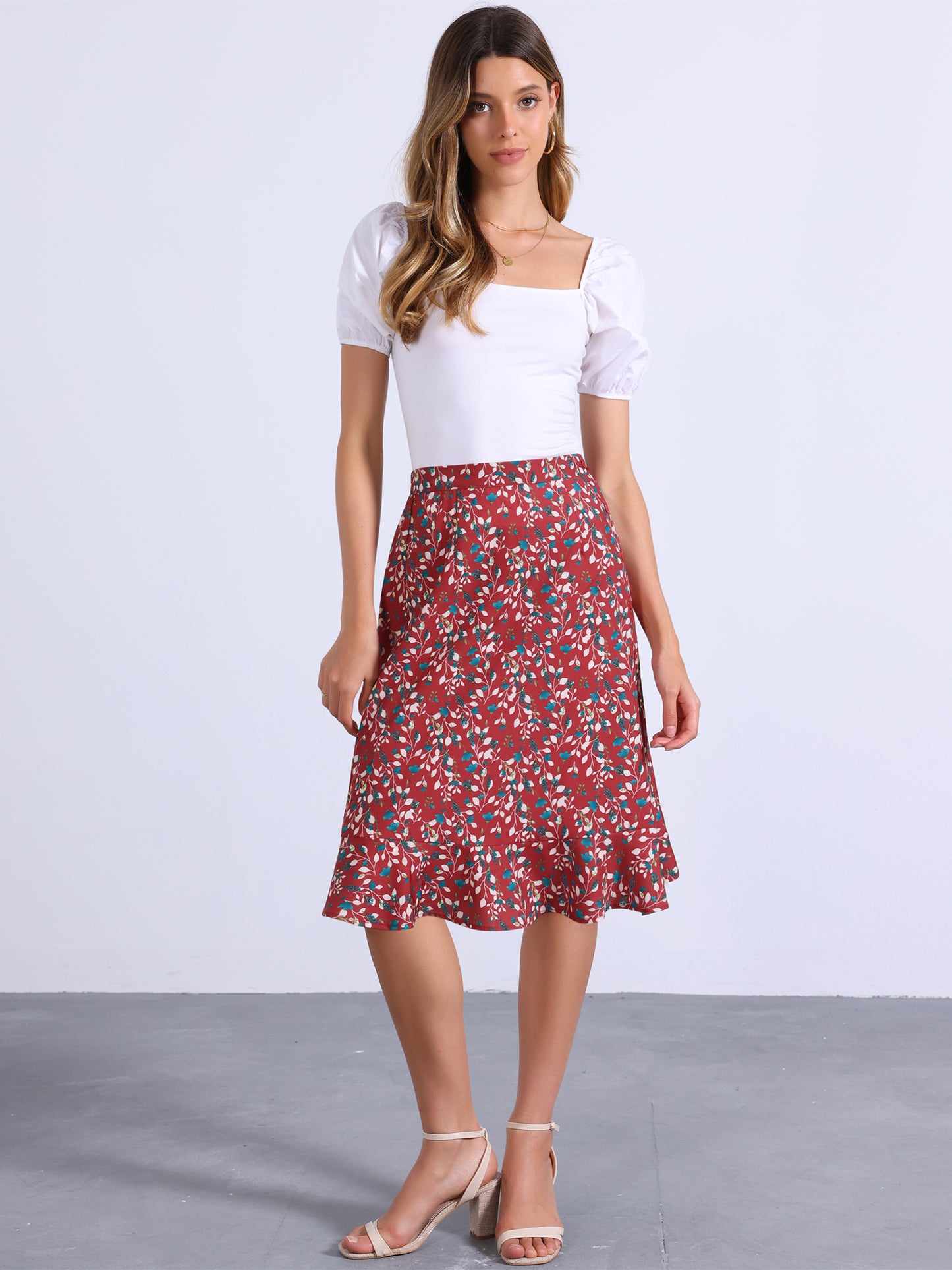 Women's Floral Midi Skirts Summer Ruffle High Waist Flowy A-Line Split Knee Length Skirt