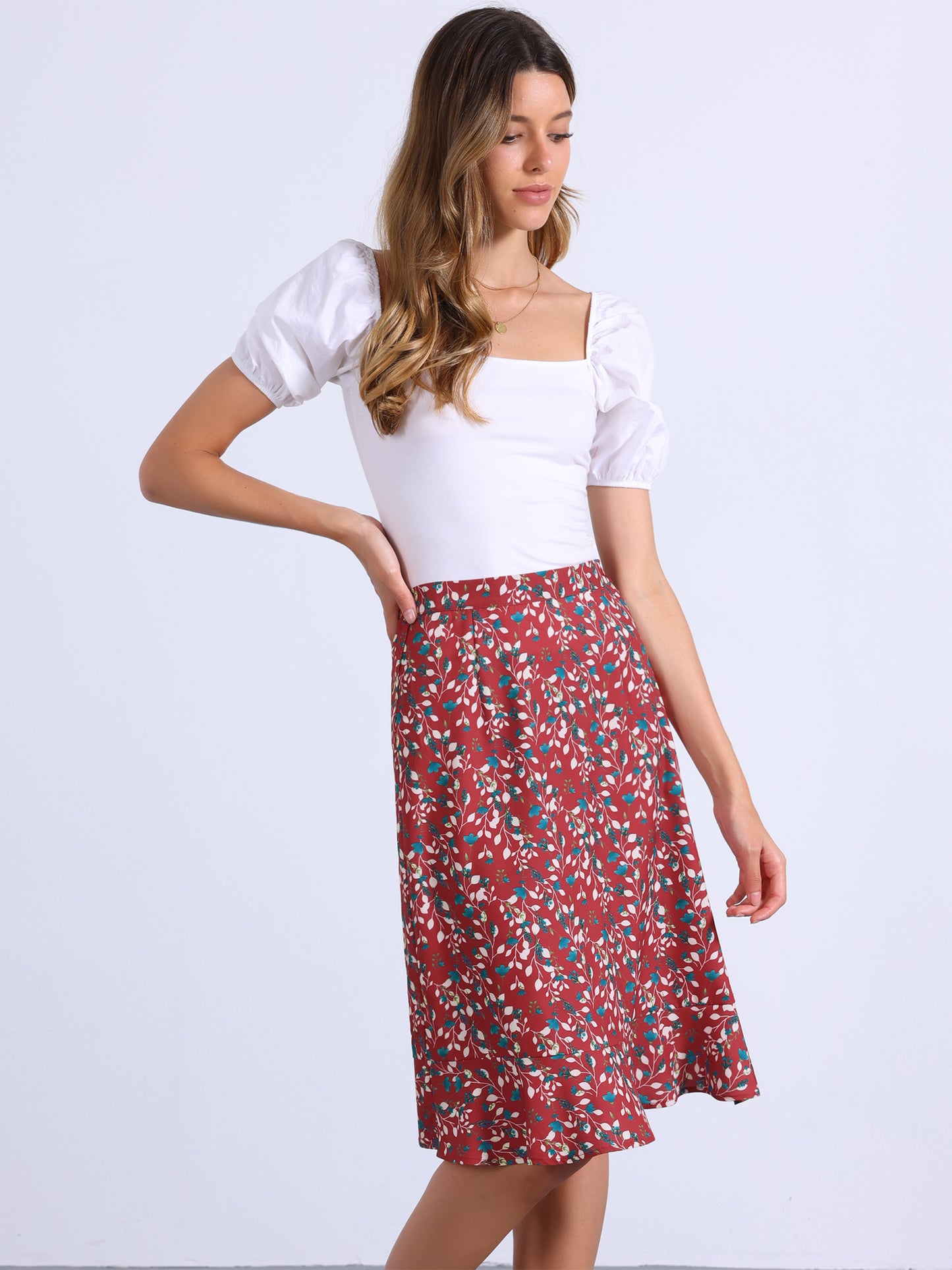 Women's Floral Midi Skirts Summer Ruffle High Waist Flowy A-Line Split Knee Length Skirt