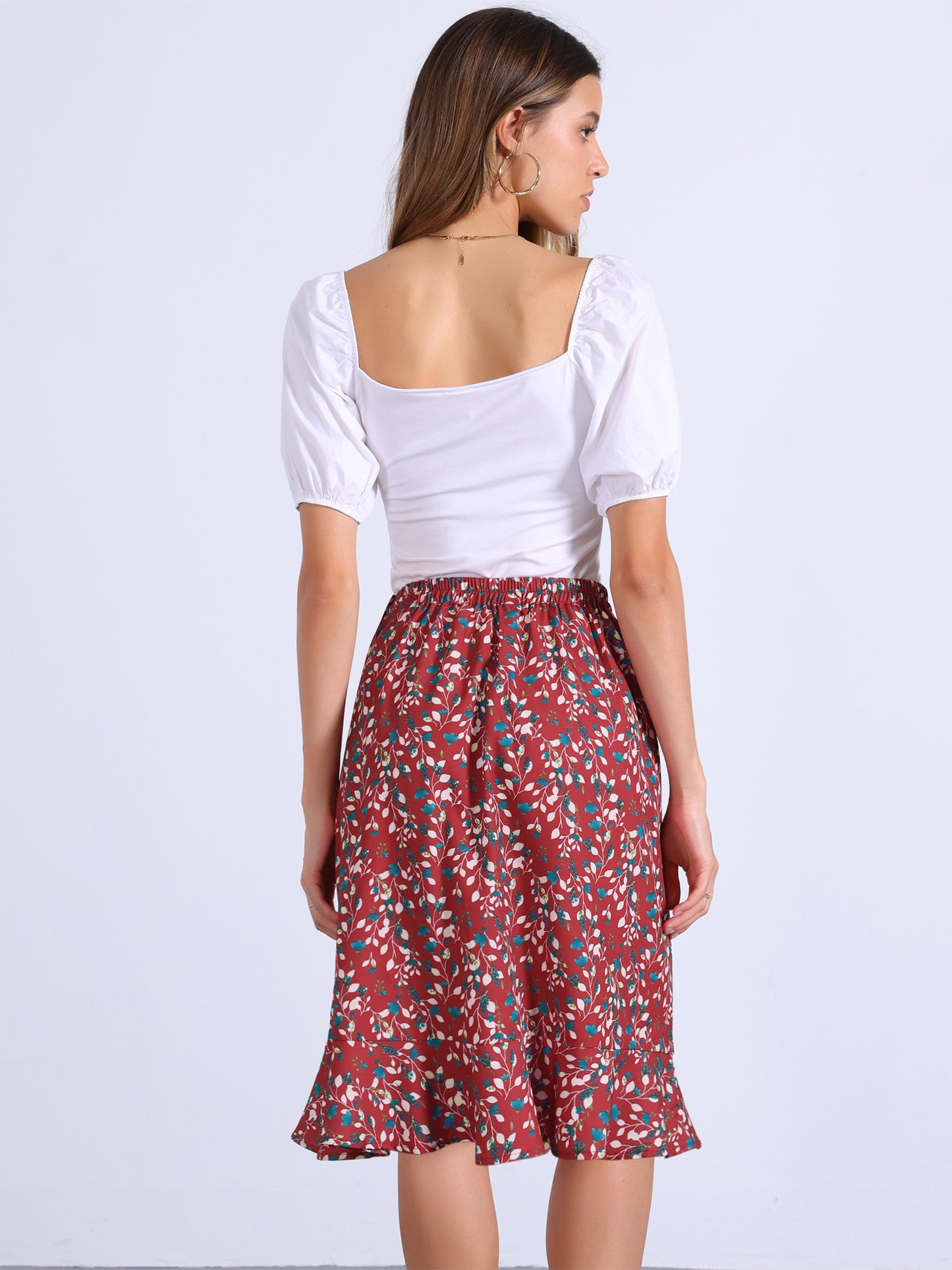 Women's Floral Midi Skirts Summer Ruffle High Waist Flowy A-Line Split Knee Length Skirt