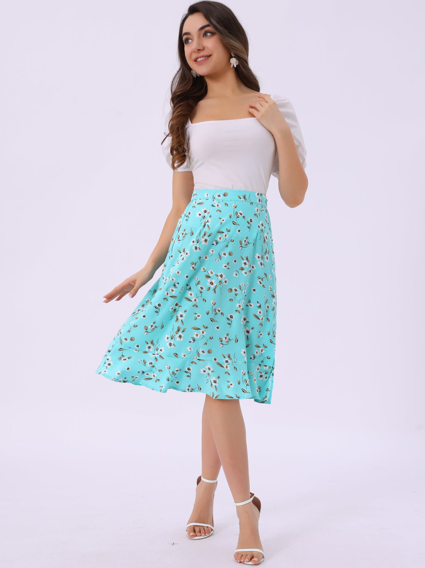 Faldas midi florales para mujer, de verano, con volantes, cintura alta, fluidas, corte A, con abertura hasta la rodilla