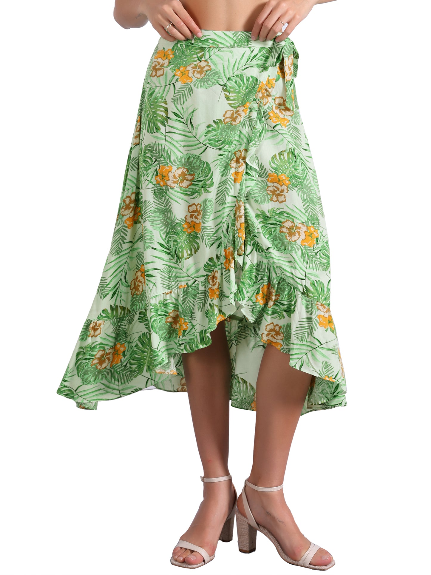 Falda cruzada playera con volantes y nudo para mujer, con estampado floral tropical