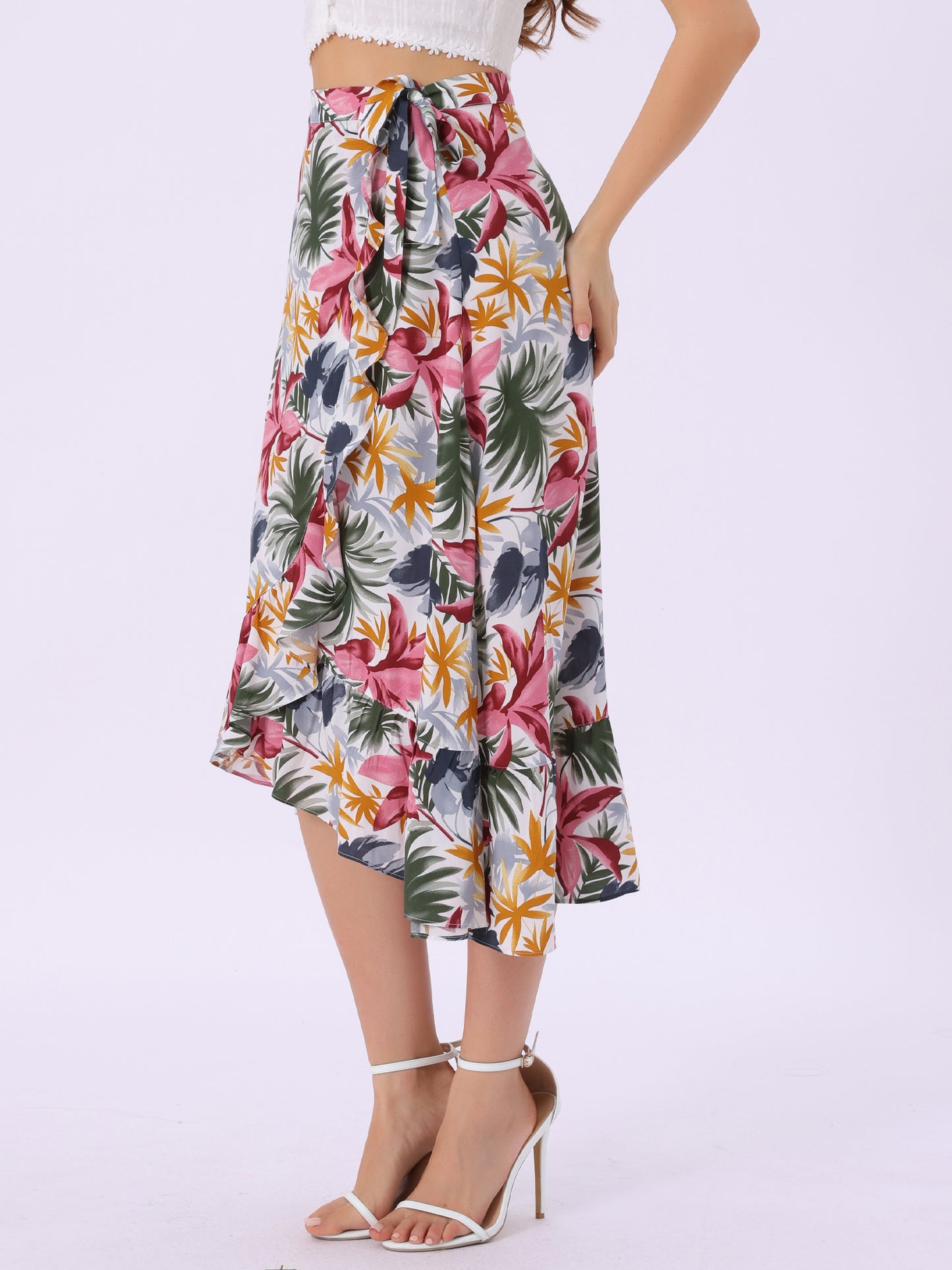 Falda cruzada playera con volantes y nudo para mujer, con estampado floral tropical