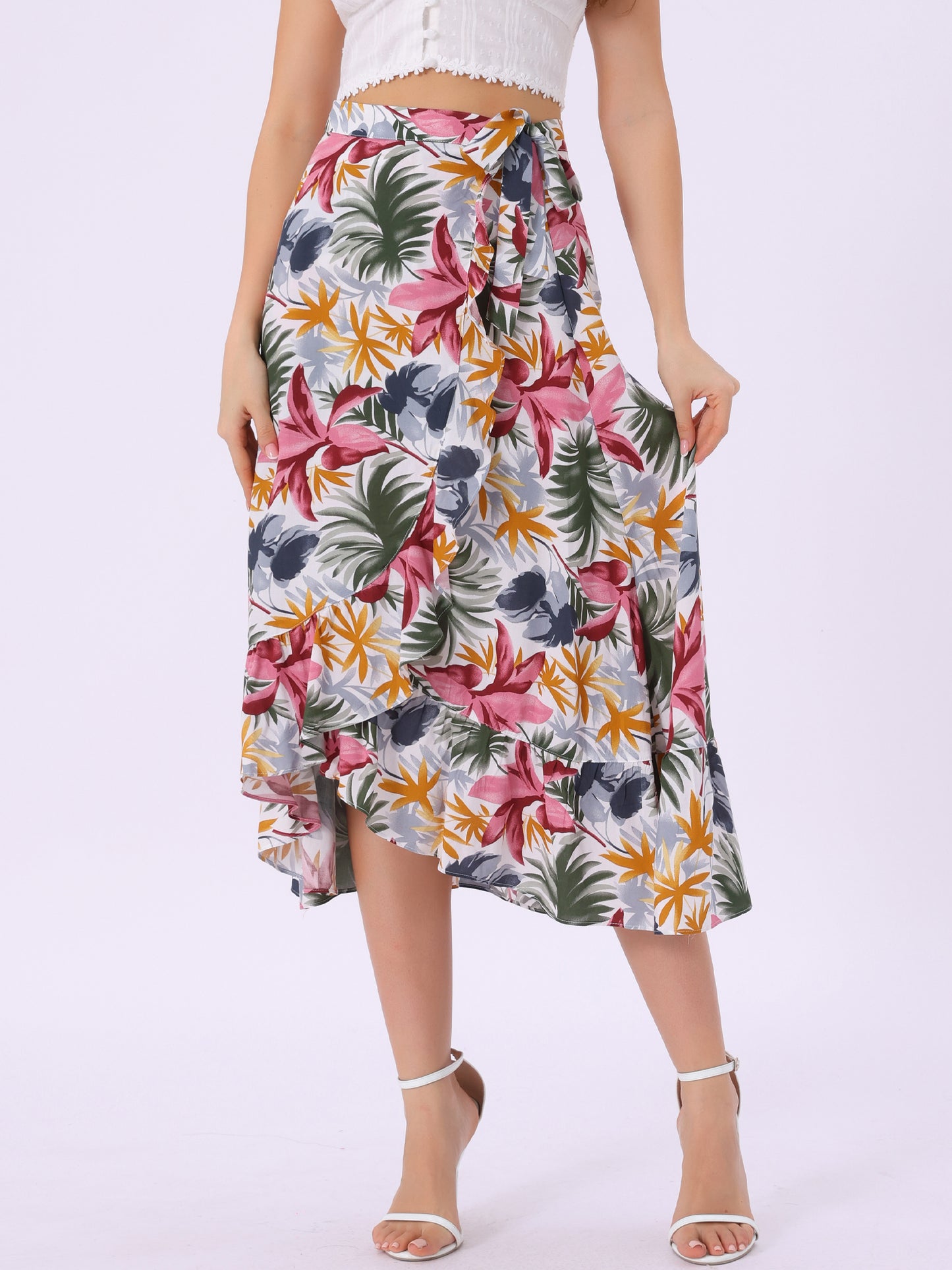 Falda cruzada playera con volantes y nudo para mujer, con estampado floral tropical