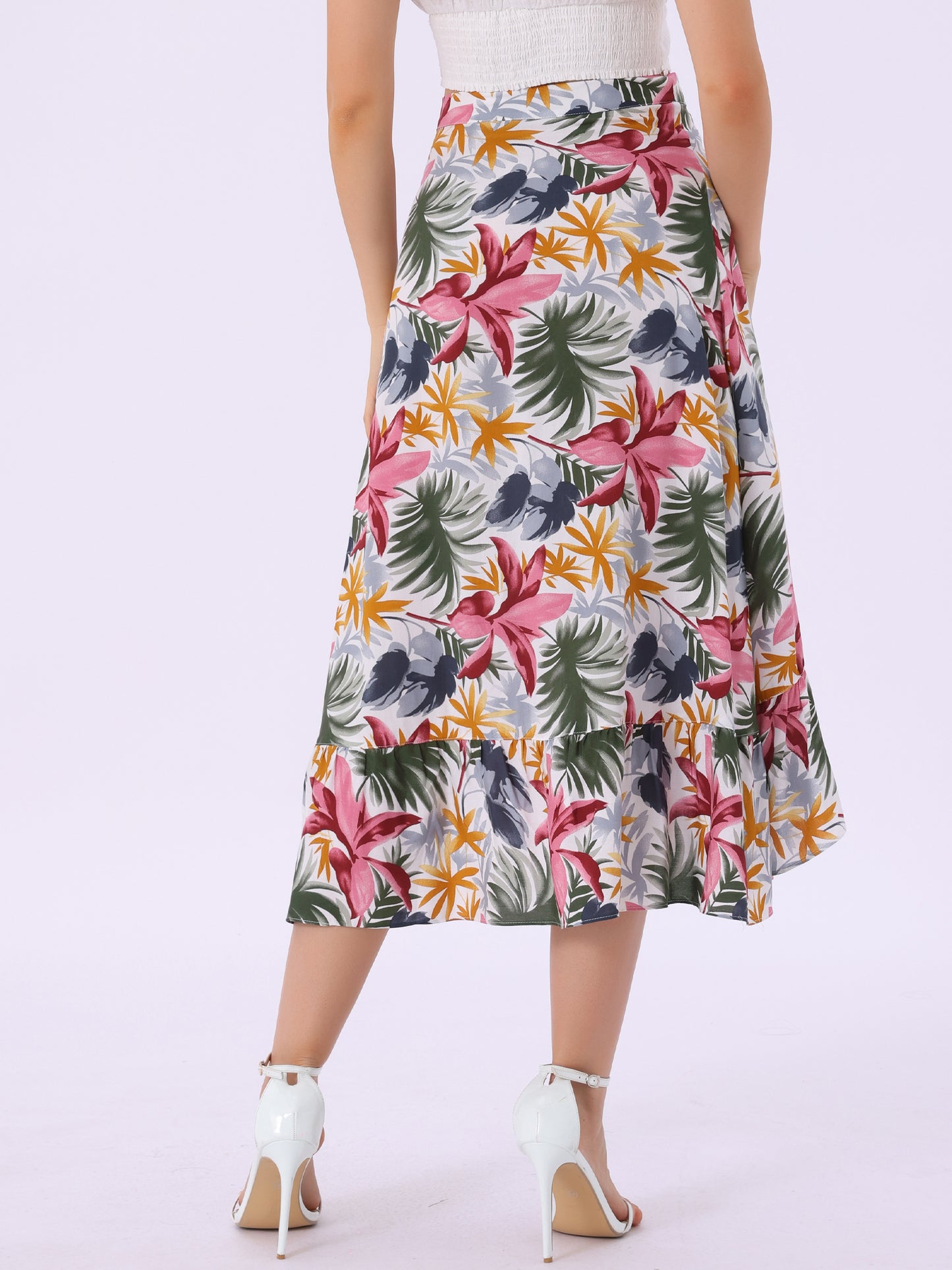 Falda cruzada playera con volantes y nudo para mujer, con estampado floral tropical