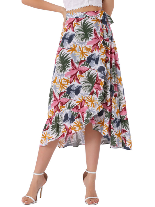 Women's Tropical Floral Print Ruffle Self Tie Knot Split Beach Wrap Skirt