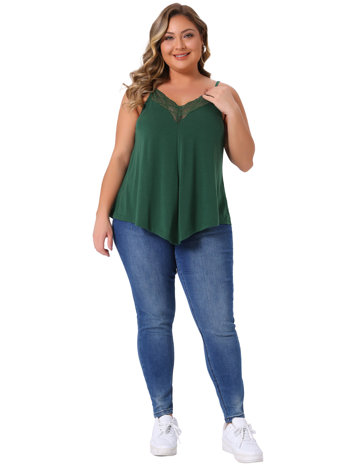 Women Plus Size Cami Tank V-Neck Lace Front Camisole Spaghetti Strap Sleeveless Top