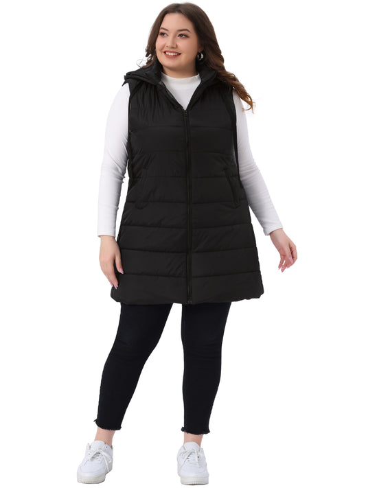 Women's Plus Size Long Puffer Vest Hooded Zip Up Sleeveless Casual Quilted Jacket with Pockets