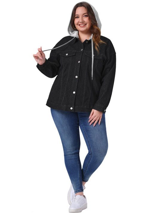 Chaqueta vaquera de talla grande para mujer, con capucha desmontable y cordón ajustable, con bolsillos