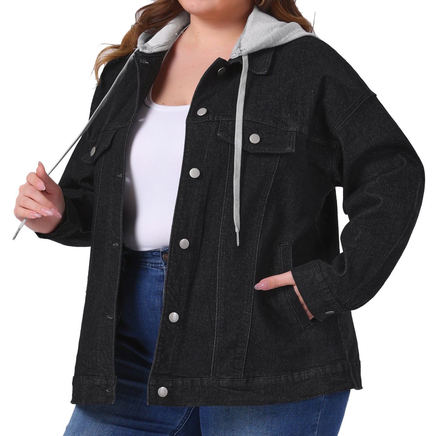 Chaqueta vaquera de talla grande para mujer, con capucha desmontable y cordón ajustable, con bolsillos