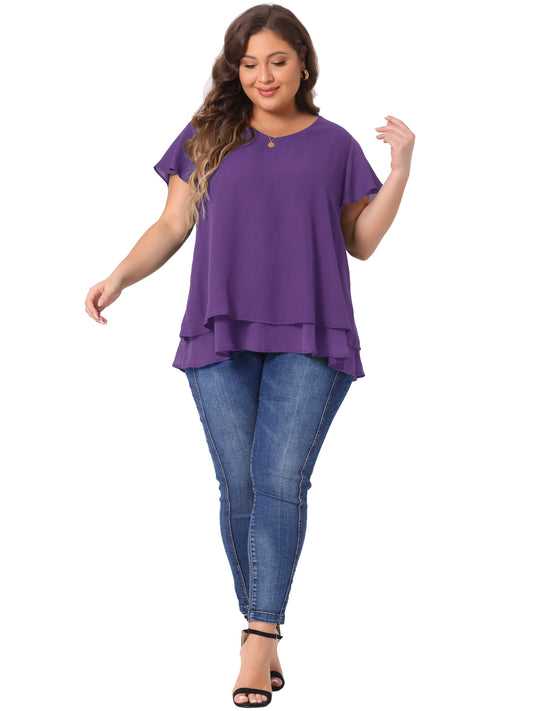 Women's Plus Size Summer Ruffle Short Sleeves V Neck Double Layered Hem Chiffon Blouse