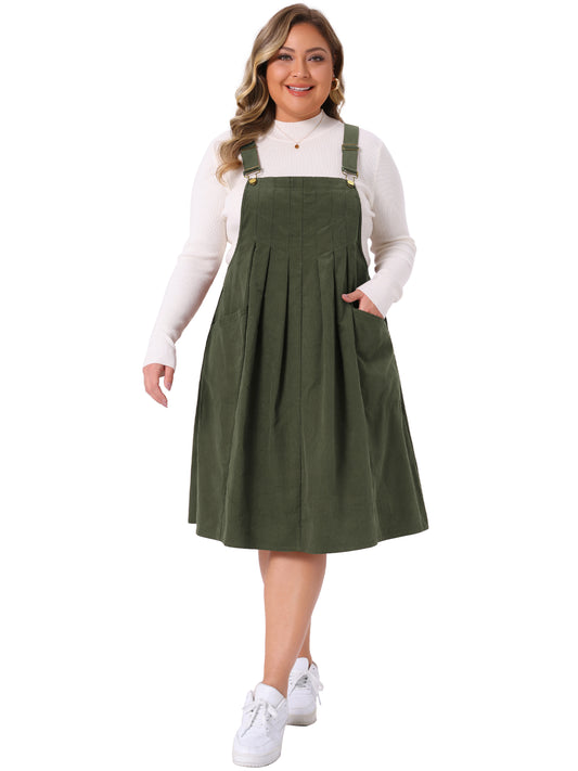 Women Plus Size Corduroy Pinafore Dress Pleated Adjustable Strap Suspender Skirt Short Overall Dress