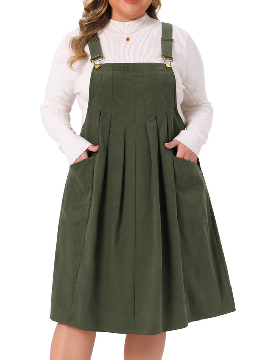 Women Plus Size Corduroy Pinafore Dress Pleated Adjustable Strap Suspender Skirt Short Overall Dress