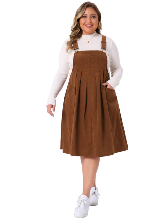 Women Plus Size Corduroy Pinafore Dress Pleated Adjustable Strap Suspender Skirt Short Overall Dress