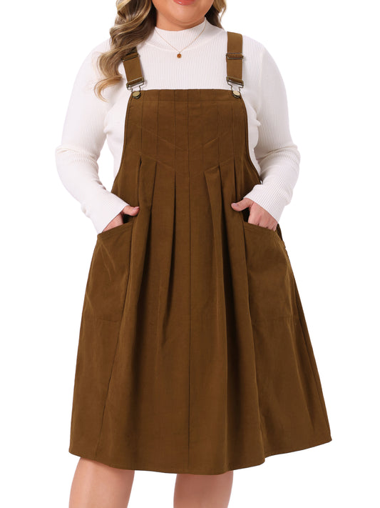 Women Plus Size Corduroy Pinafore Dress Pleated Adjustable Strap Suspender Skirt Short Overall Dress