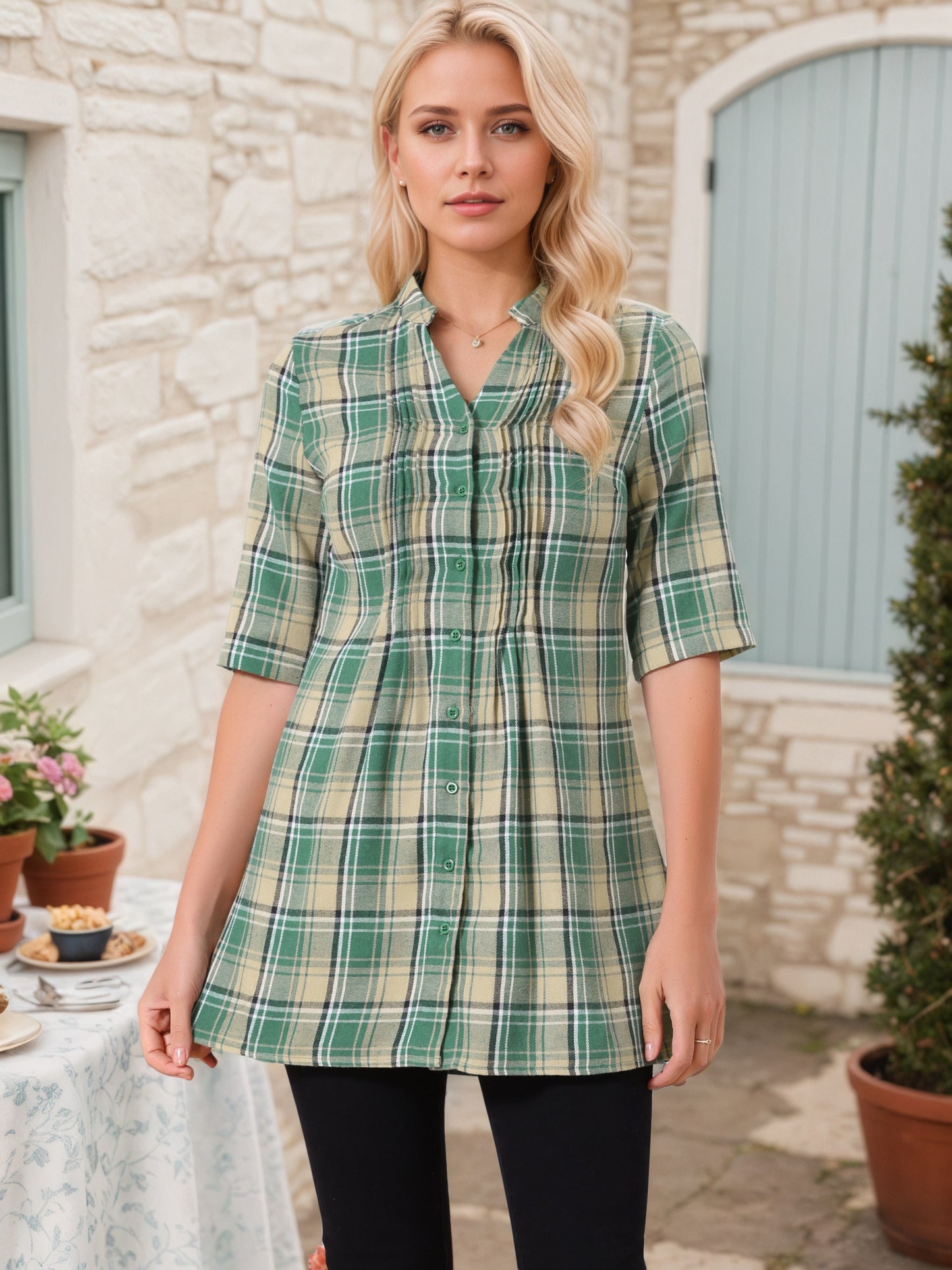 Women's Vintage Check Button Down Shirts V Neck 3/4 Sleeve Christmas Plaid Casual Tunic Blouse Top