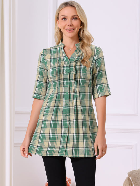 Women's Vintage Check Button Down Shirts V Neck 3/4 Sleeve Christmas Plaid Casual Tunic Blouse Top