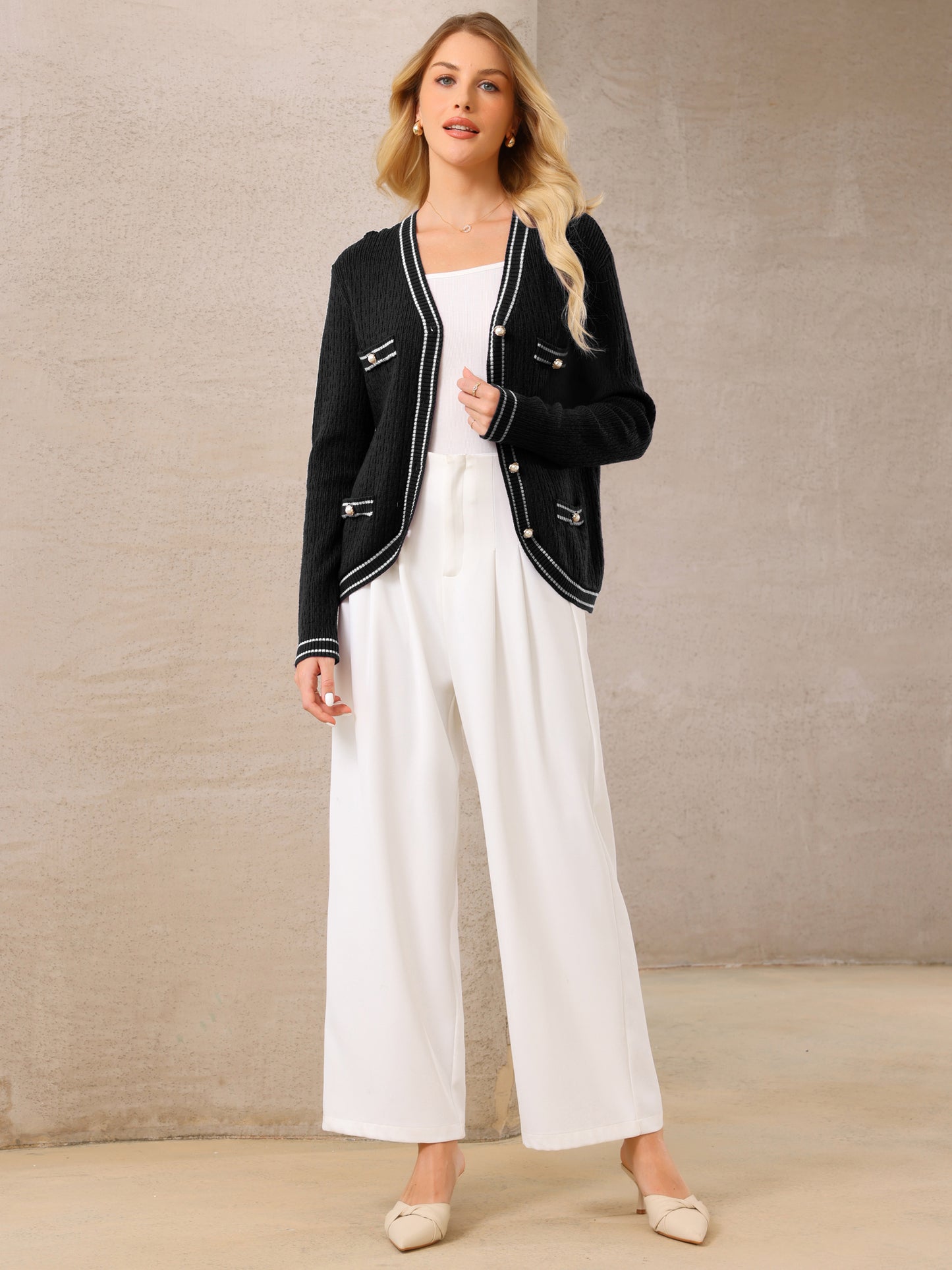 Women's V Neck Cardigan Sweater Long Sleeve Contrast Trim Knit Ribbed Outwear