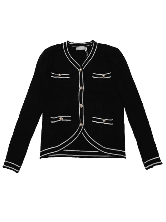 Women's V Neck Cardigan Sweater Long Sleeve Contrast Trim Knit Ribbed Outwear