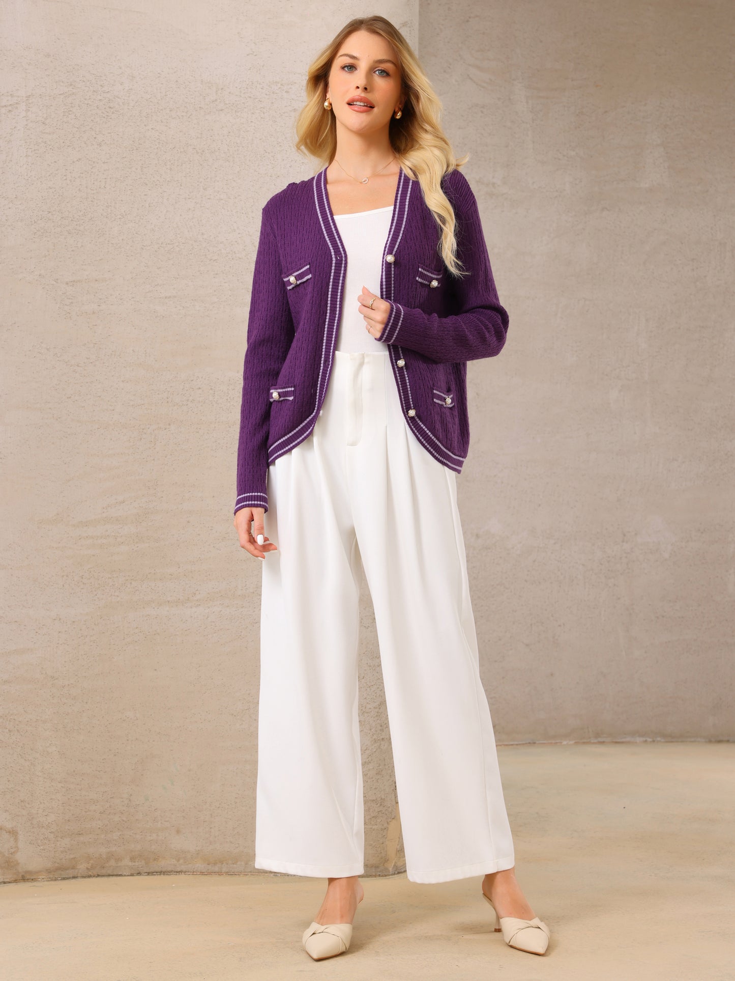 Women's V Neck Cardigan Sweater Long Sleeve Contrast Trim Knit Ribbed Outwear