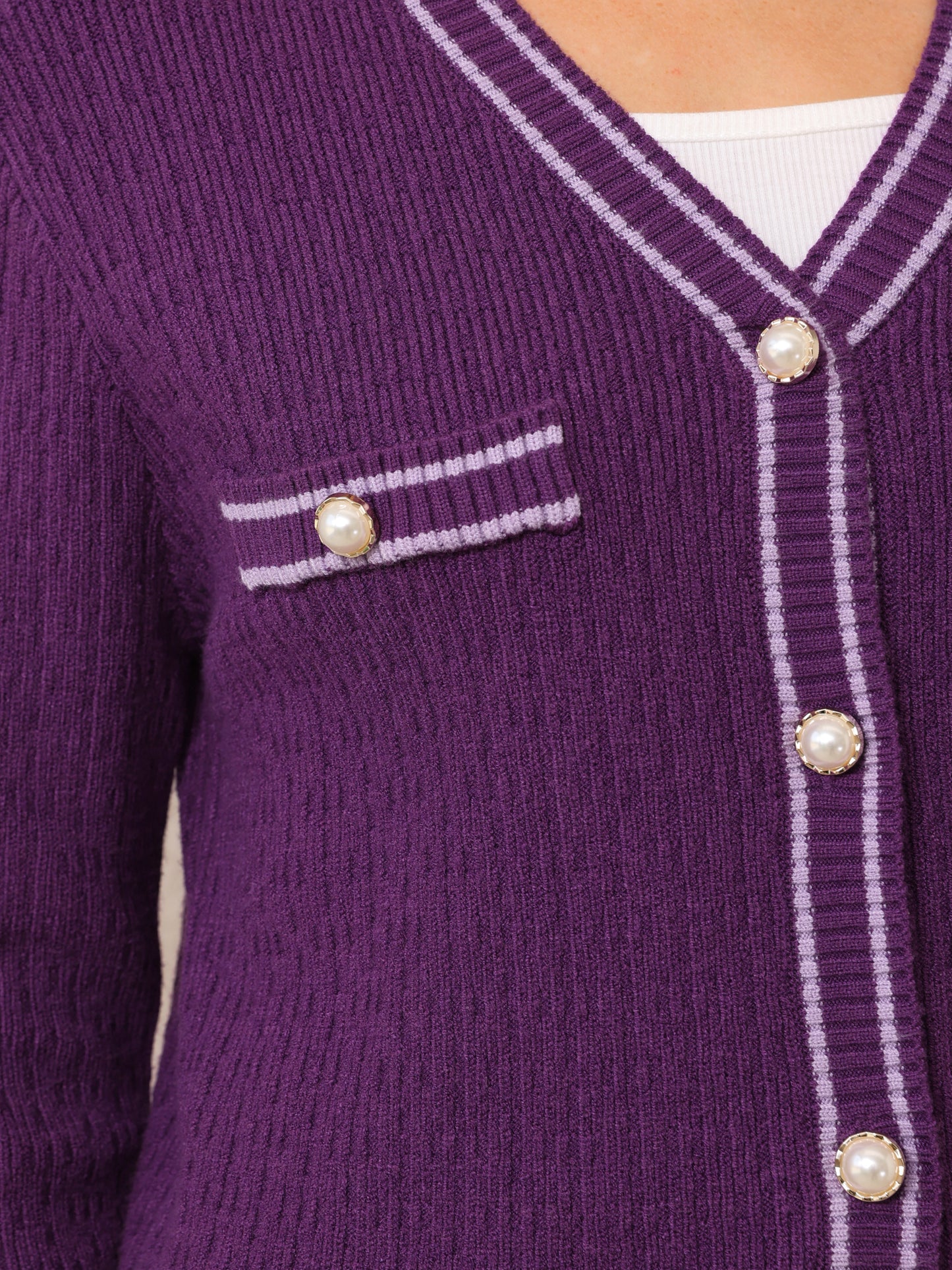 Women's V Neck Cardigan Sweater Long Sleeve Contrast Trim Knit Ribbed Outwear