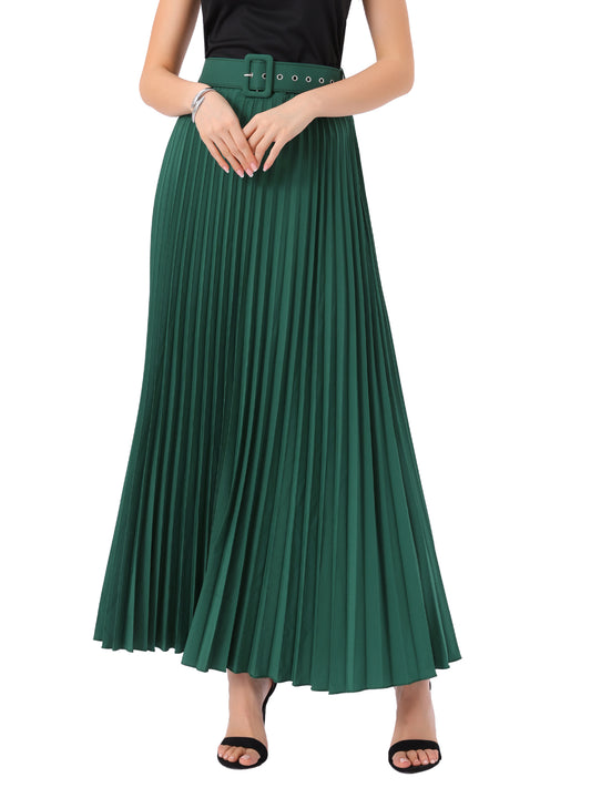 Women's Long Pleated Skirt Elastic High Waist with Belt Swing A-Line Work Maxi Skirt (Available in Plus Size)