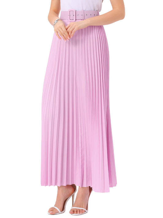 Women's Long Pleated Skirt Elastic High Waist with Belt Swing A-Line Work Maxi Skirt (Available in Plus Size)
