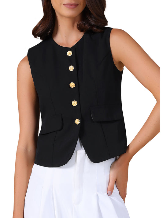 Women's Round Neck Sleeveless Floral Button Business Casual Suit Vest