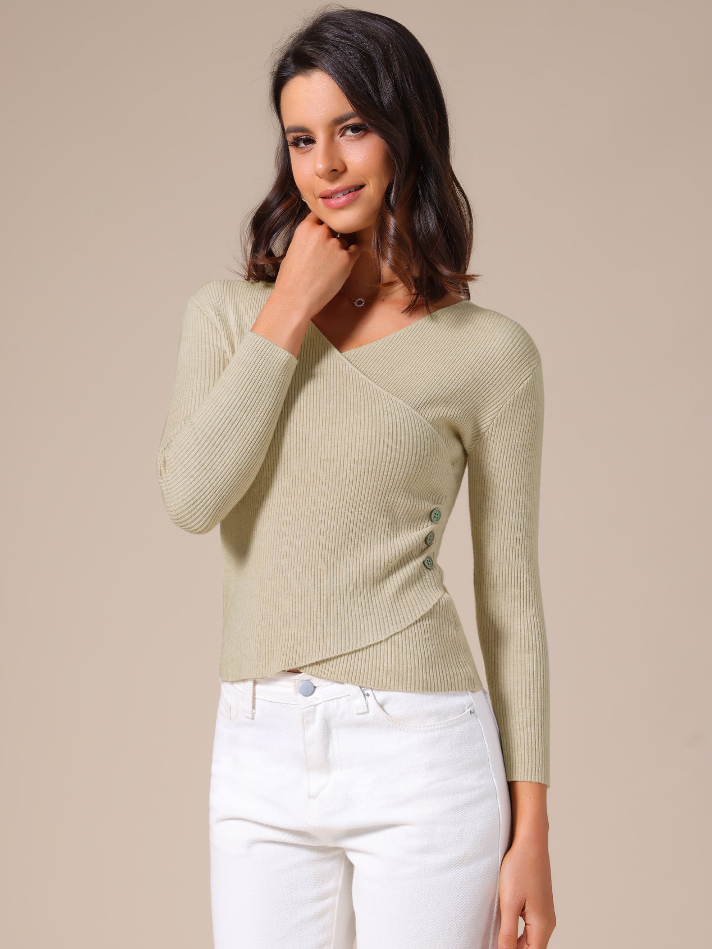 Women's V-Neck Knitted Sweaters Ruched Button Long Sleeve Cross Wrap Sexy Slim Fit Tops