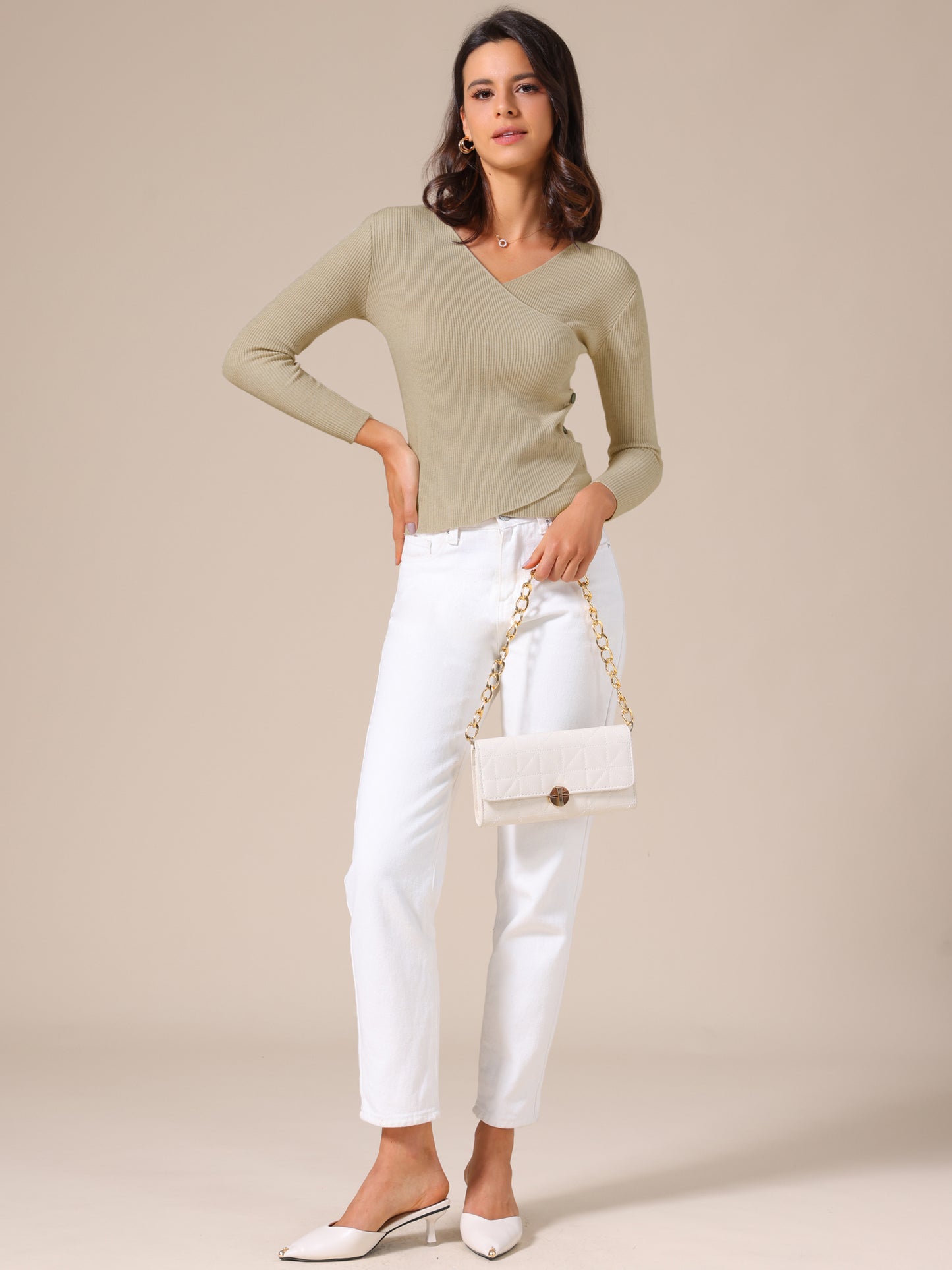 Women's V-Neck Knitted Sweaters Ruched Button Long Sleeve Cross Wrap Sexy Slim Fit Tops
