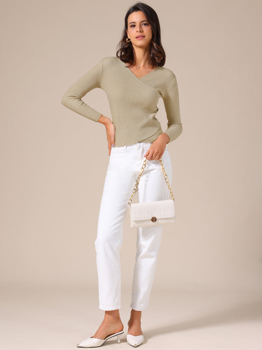 Women's V-Neck Knitted Sweaters Ruched Button Long Sleeve Cross Wrap Sexy Slim Fit Tops