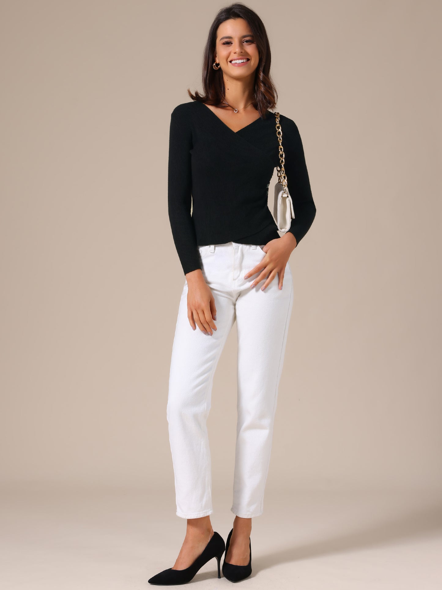 Women's V-Neck Knitted Sweaters Ruched Button Long Sleeve Cross Wrap Sexy Slim Fit Tops