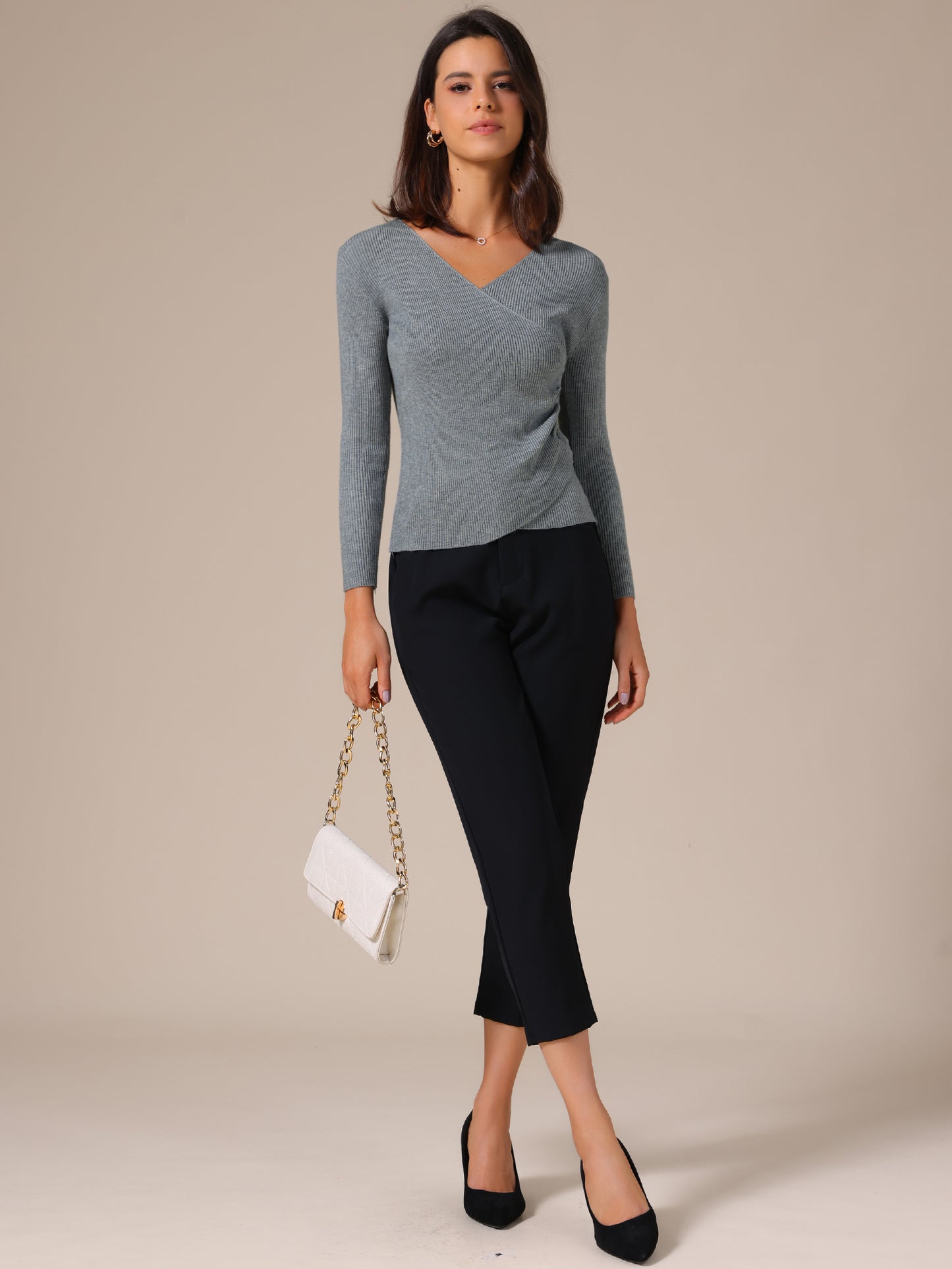 Women's V-Neck Knitted Sweaters Ruched Button Long Sleeve Cross Wrap Sexy Slim Fit Tops