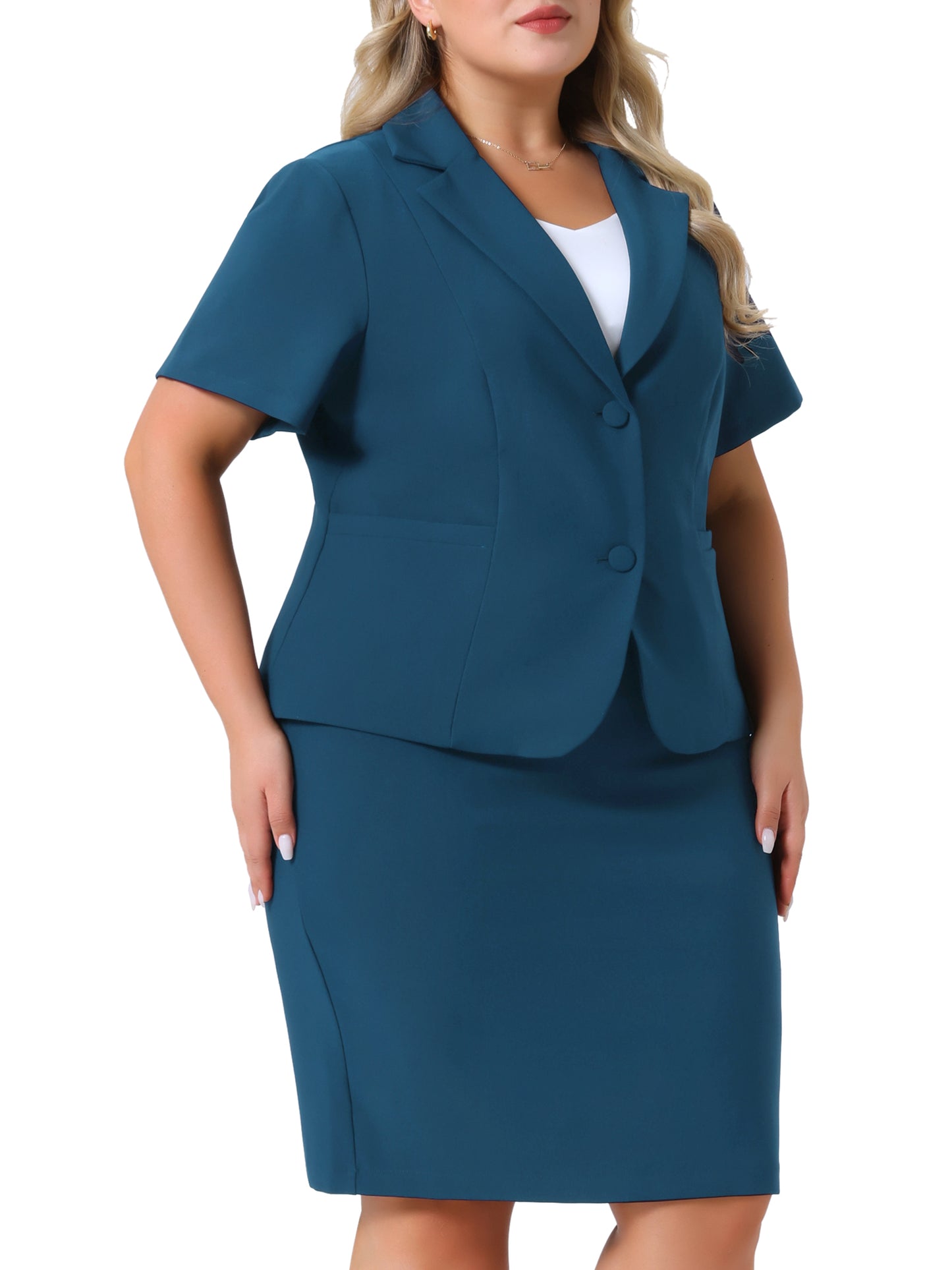 Women Plus Size Blazer Suits Notch Lapel Short Sleeve Office Pencil Skirt Business Skirt Set