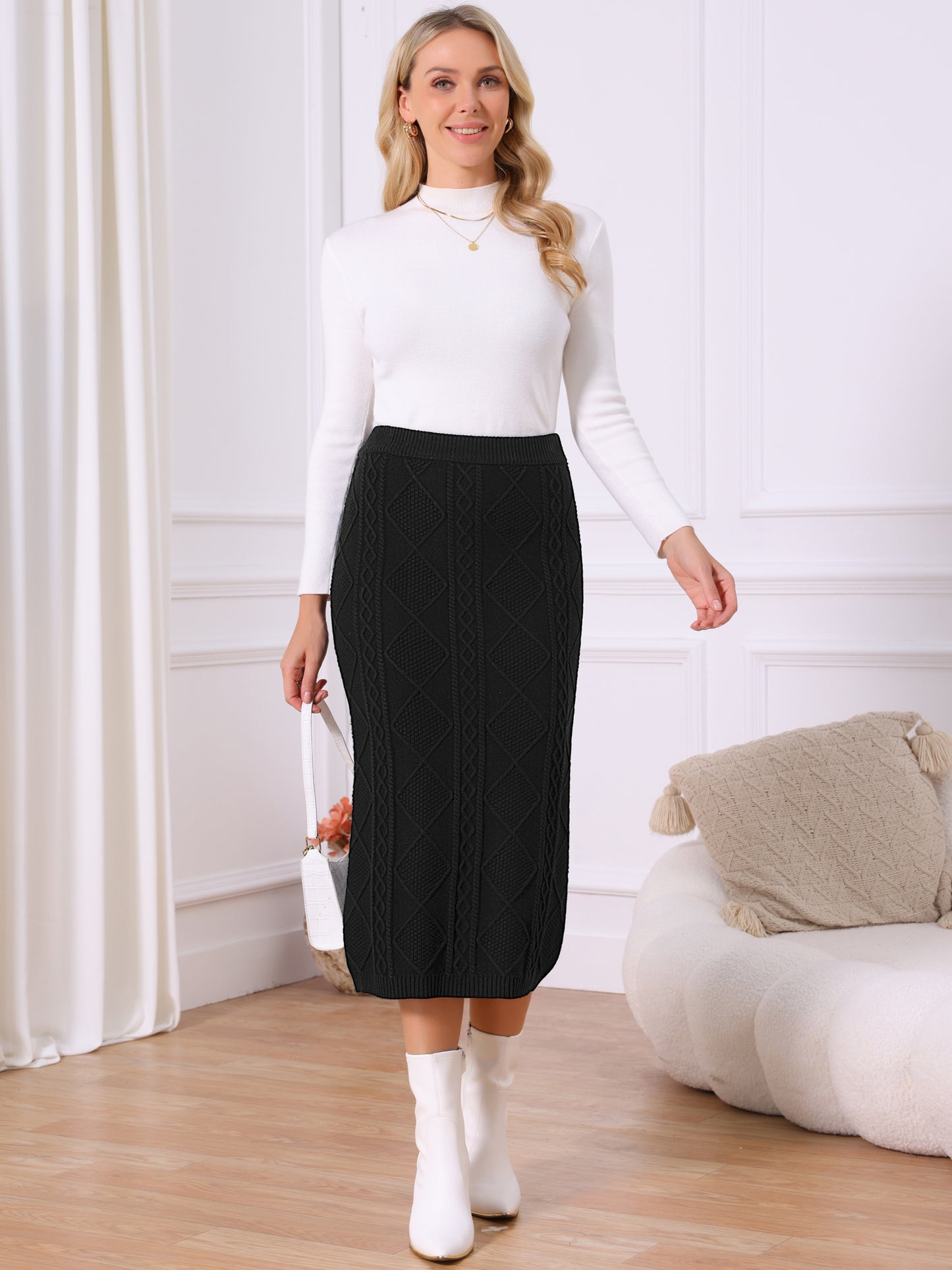 Women's Ribbed Knit Elastic High Waist Stretchy Pencil Sweater Midi Skirt