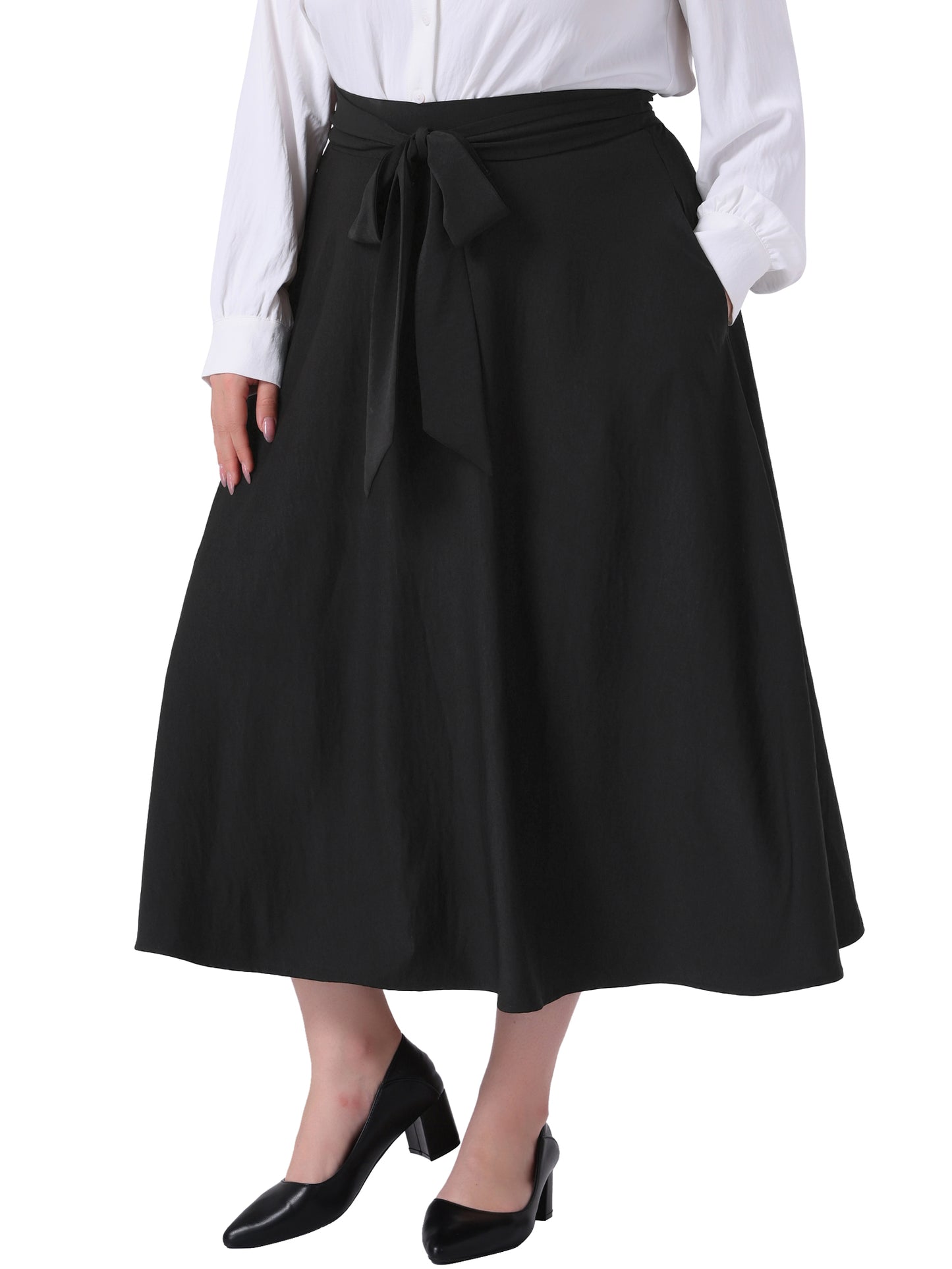 Women Plus Size Skirt Tie Knot High Waist A-Line Flowy Swing Midi Skirts with Pockets