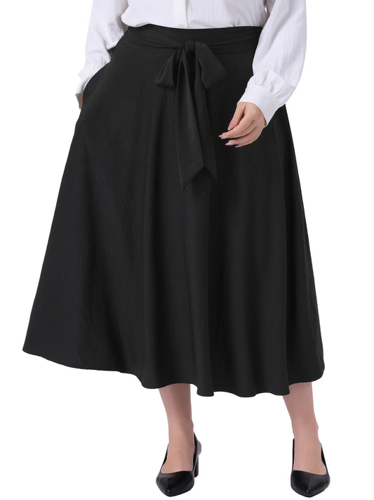 Falda midi holgada de cintura alta con nudo y bolsillos para mujer, talla grande