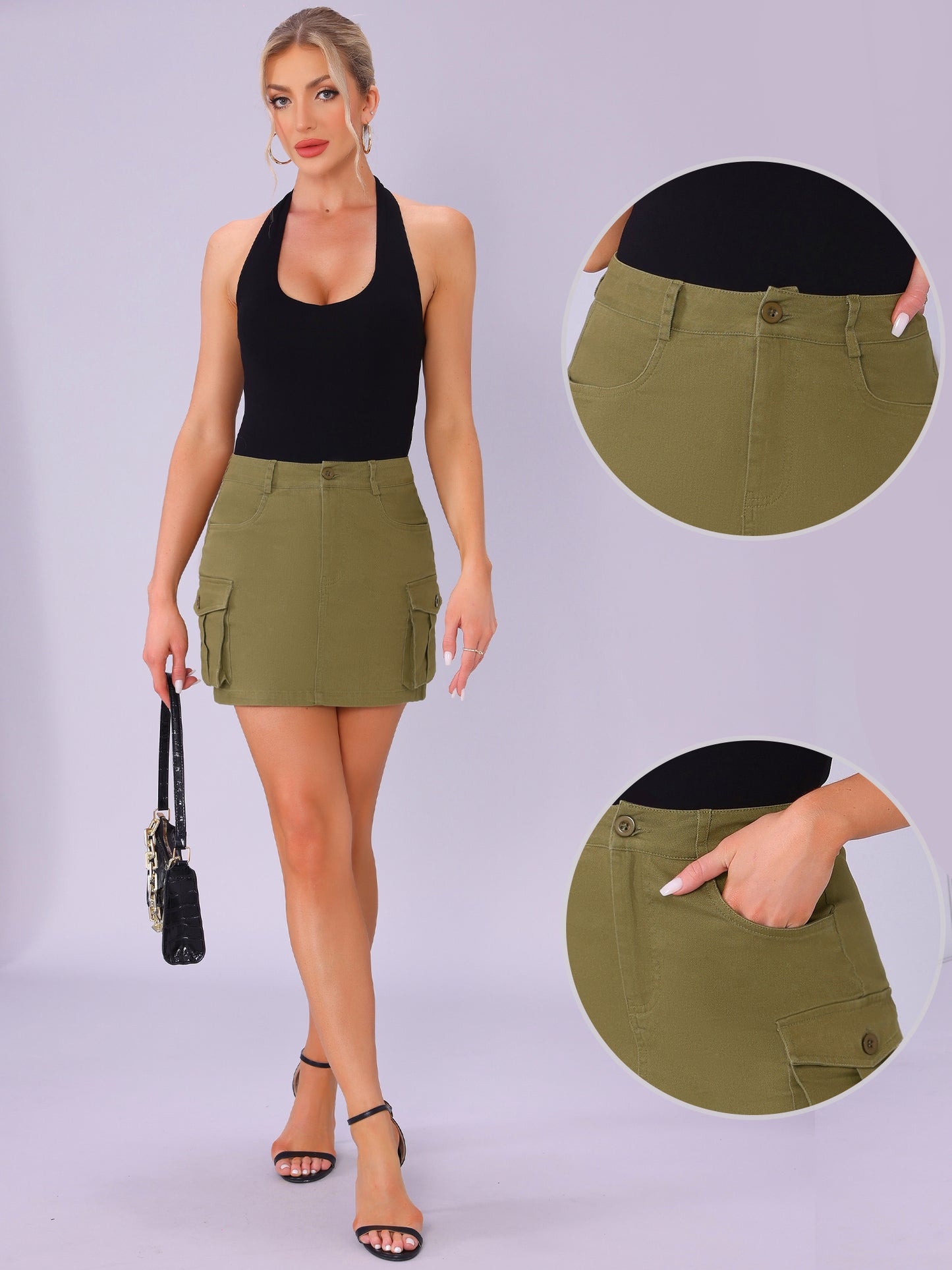 Women's Cotton Blend Low Waist Stretch Denim Cargo Mini Skirt